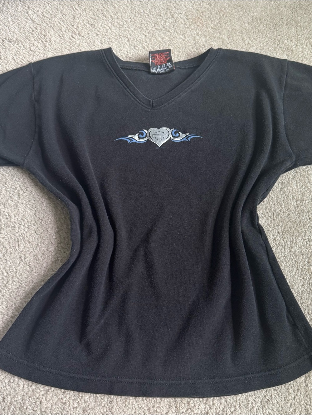 Black Vintage Women’s Harley Davidson Babydoll Biker Grunge Flame Heart T-Shirt